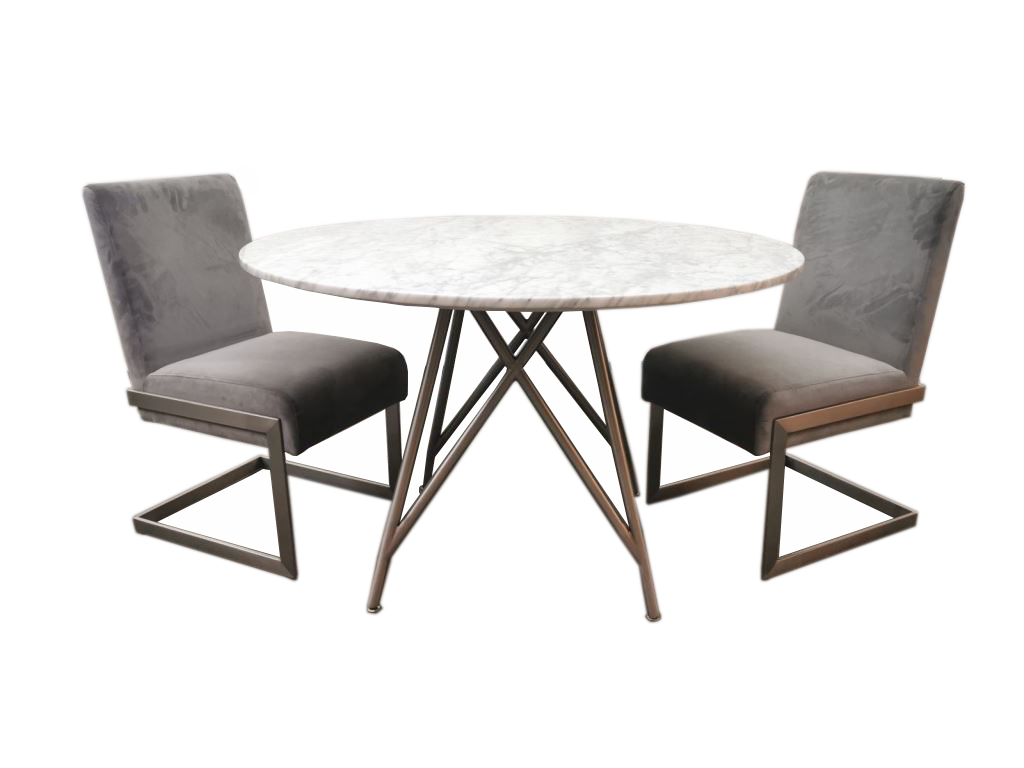 Ronde eettafel van koraal in marmer en geborsteld roestvrij staal. Modus Furniture International