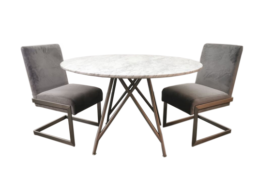 Modus Furniture International Ronde eettafel van koraal in marmer en geborsteld roestvrij staal. -