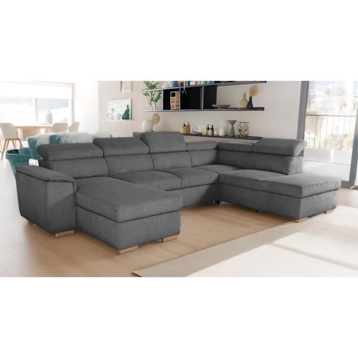 DAYTONA panoramic convertible corner sofa, 5 to 6 seats - Anthracite Lincoln fabric - With storage space - L 326 x H 94 x D 216 cm