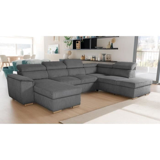 DAYTONA panoramic convertible corner sofa, 5 to 6 seats - Anthracite Lincoln fabric - With storage space - L 326 x H 94 x D 216 cm