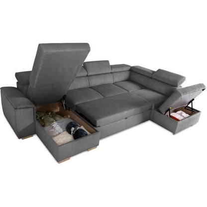 DAYTONA panoramic convertible corner sofa, 5 to 6 seats - Anthracite Lincoln fabric - With storage space - L 326 x H 94 x D 216 cm