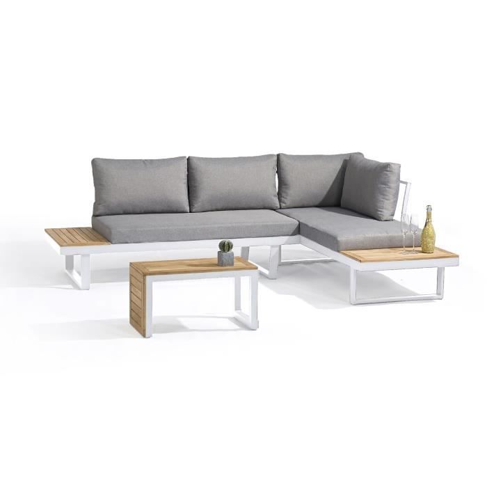 DCB GARDEN Tokyo modulaire tuinmeubelen: wit aluminium frame, acaciahout tafelbladen, 4 zitplaatsen, grijze kussens