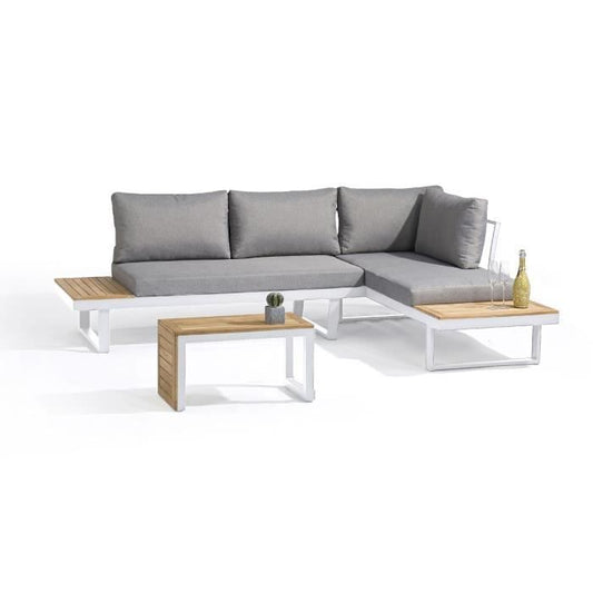 DCB GARDEN Tokyo modulaire tuinmeubelen: wit aluminium frame, acaciahout tafelbladen, 4 zitplaatsen, grijze kussens