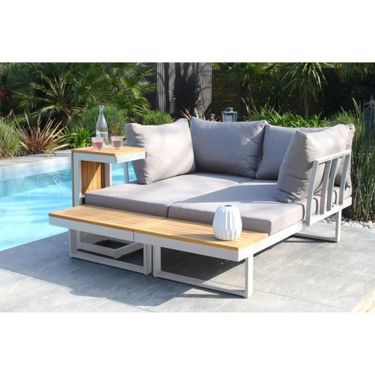 DCB GARDEN TOKYO modulaire tuinset met wit aluminium frame en acaciahout, 4 zitplaatsen met grijze kussens.