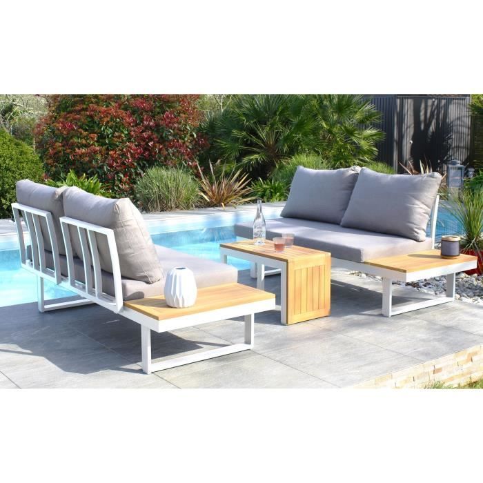Modulaire tuinmeubelen TOKYO DCB GARDEN; witte aluminium loungeset met acaciahouten tafels, 4 plaatsen