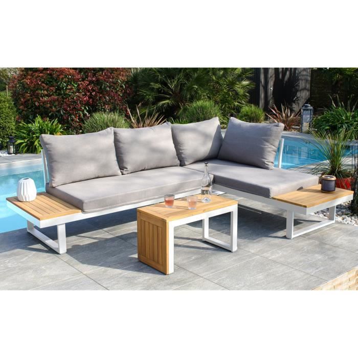 DCB GARDEN Tokyo outdoor modular set for 4 with white aluminum frame, acacia wood panels, and grey cushions