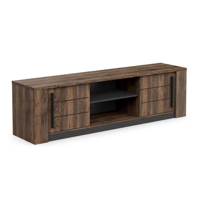 MONACO TV cabinet - 2 sliding doors + 3 shelves - Oak and black wood decor - L184.5 x D42.3 x H51.8 cm - DEMEYERE
