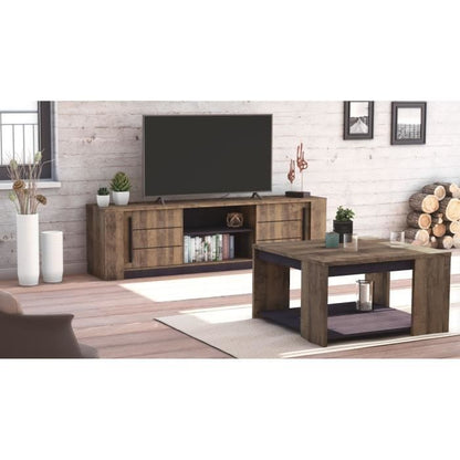 MONACO TV cabinet - 2 sliding doors + 3 shelves - Oak and black wood decor - L184.5 x D42.3 x H51.8 cm - DEMEYERE