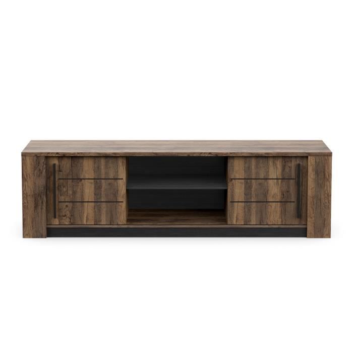 MONACO TV cabinet - 2 sliding doors + 3 shelves - Oak and black wood decor - L184.5 x D42.3 x H51.8 cm - DEMEYERE