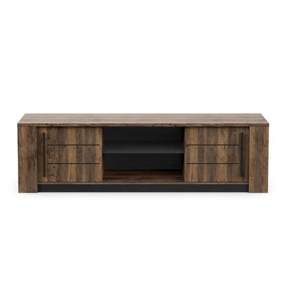 MONACO TV cabinet - 2 sliding doors + 3 shelves - Oak and black wood decor - L184.5 x D42.3 x H51.8 cm - DEMEYERE