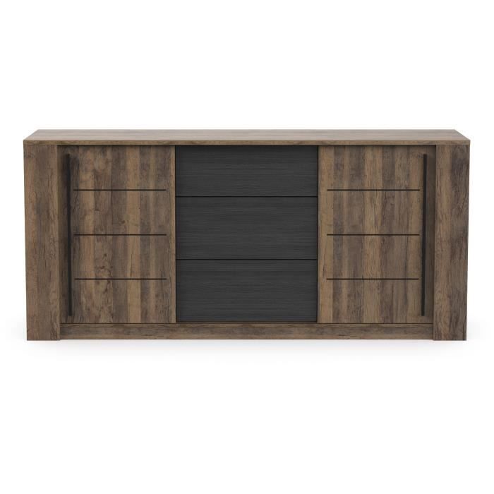 MONACO sideboard - Oak and black decor - 2 sliding doors + 3 drawers - L206 x D44.9 x H94 cm - CBA MEUBLES