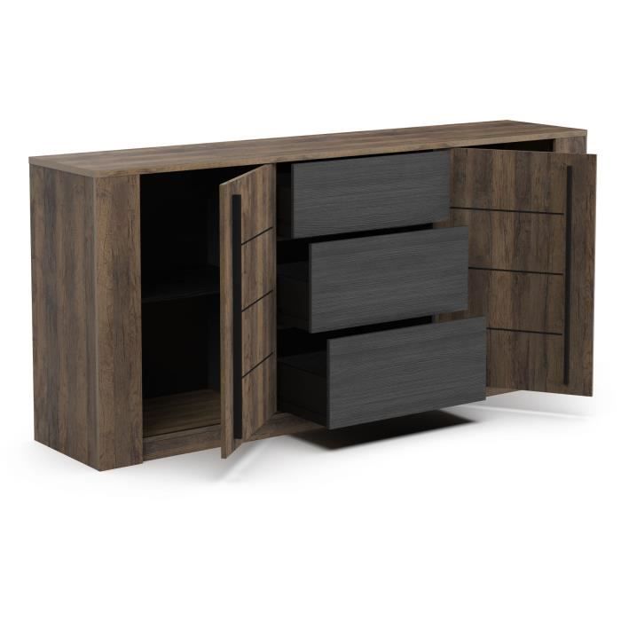 MONACO sideboard - Oak and black decor - 2 sliding doors + 3 drawers - L206 x D44.9 x H94 cm - CBA MEUBLES
