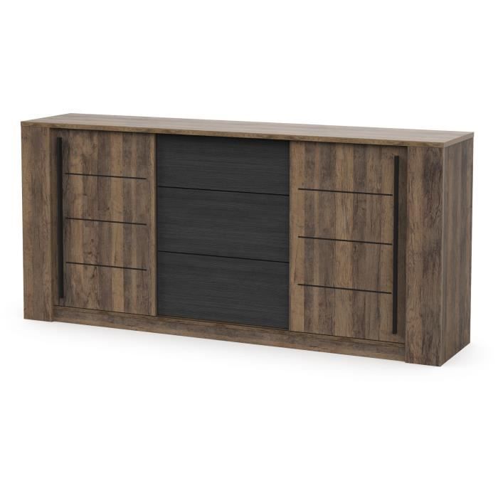 MONACO sideboard - Oak and black decor - 2 sliding doors + 3 drawers - L206 x D44.9 x H94 cm - CBA MEUBLES