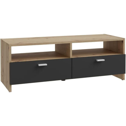 AUCUNE PILVI TV-meubel - Eigentijdse stijl - Eiken en Zwart decor - 2 kleppen + 2 nissen - L 95 x D 36 x H 34,5 cm -