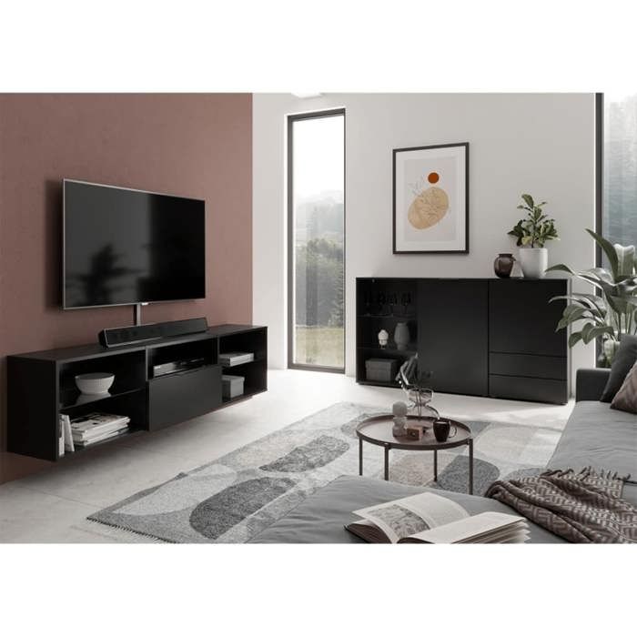 Lowboard TV/Hi-Fi furniture - Black decor - L153.5 x H52 x D31.5 cm - Made in Germany
