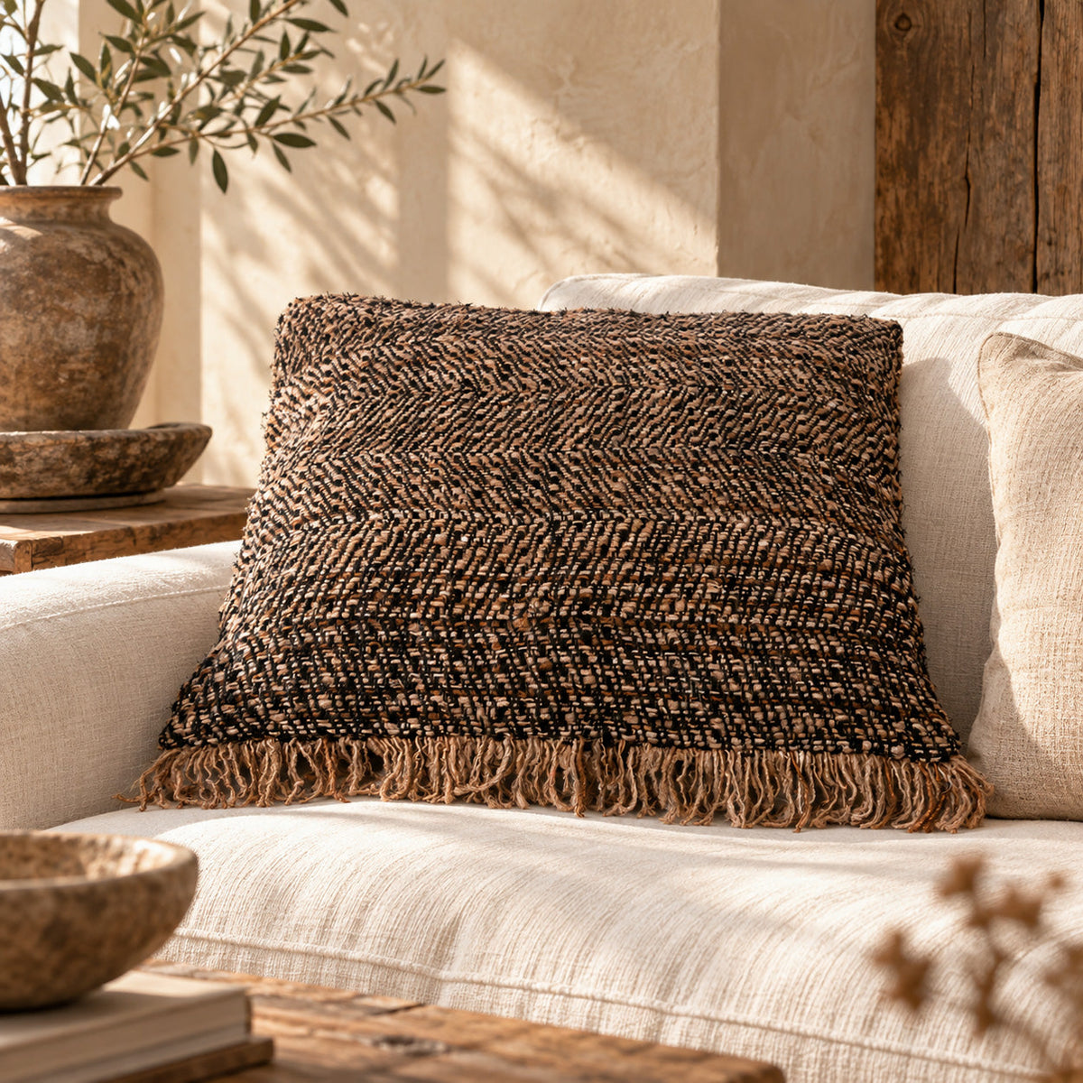 De Oh My Gee kussenhoes 60x60 cm, zwart koper met franjes, Bazar Bizar throw pillow