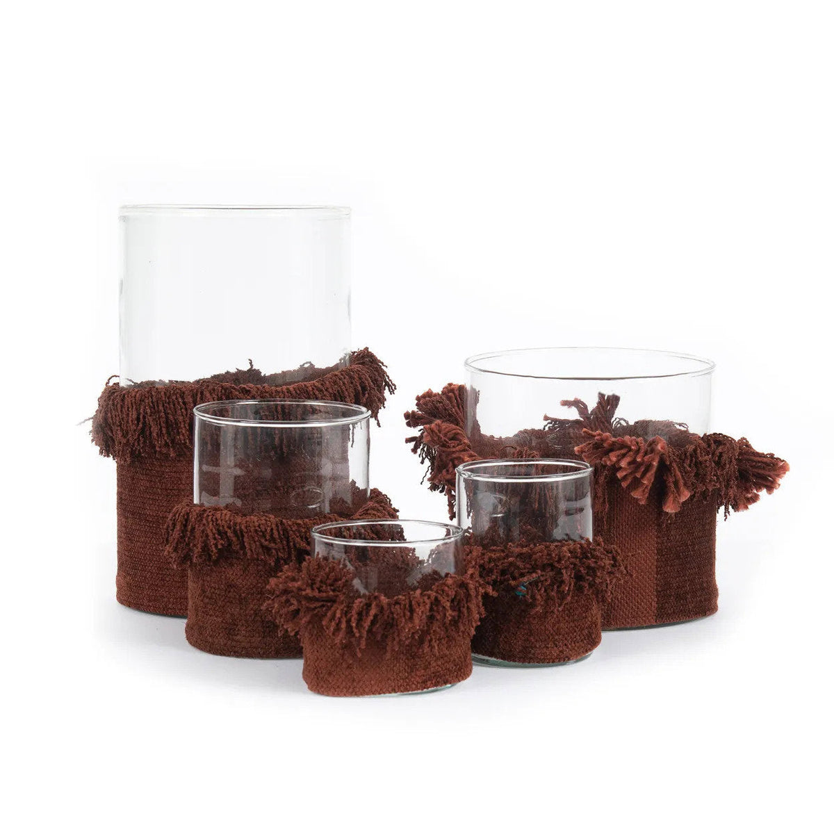 De Oh My Gee Kaarsenhouder Bordeaux Fluweel — five candle holders wrapped in burgundy velvet tassels by Bazar Bizar