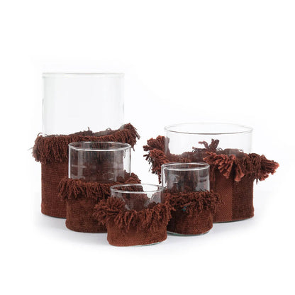 De Oh My Gee Kaarsenhouder Bordeaux Fluweel — five candle holders wrapped in burgundy velvet tassels by Bazar Bizar