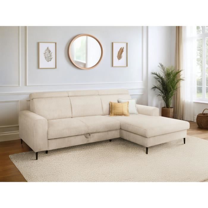 NIZZA Hoekbank met 4 zitplaatsen  - Beige ribfluweel - Opbergruimte - 250 x 166 x 92/104 cm - Daza-living