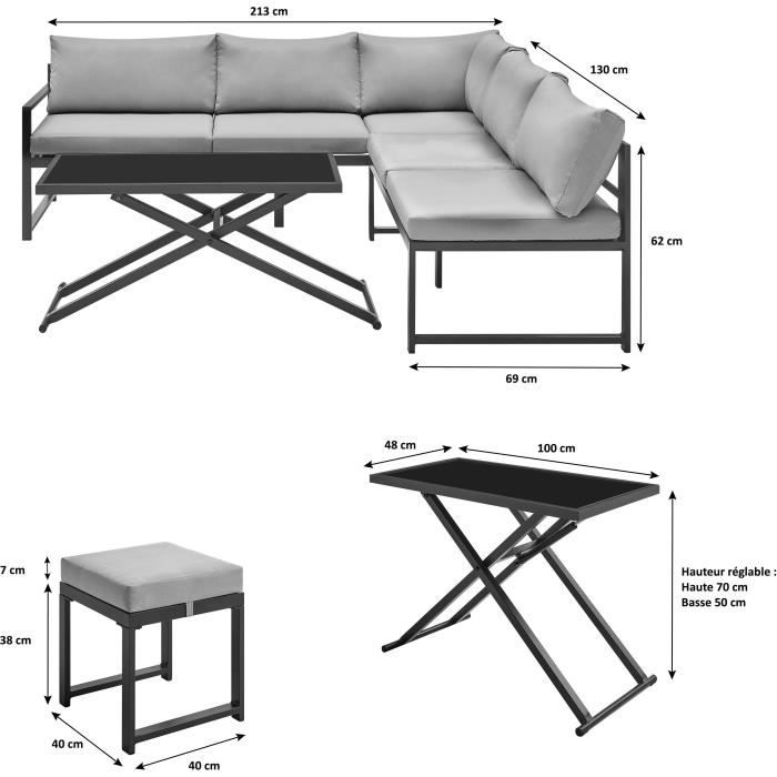 Garden furniture with aluminum frame and cushions - 7 persons - Hipu - Gray