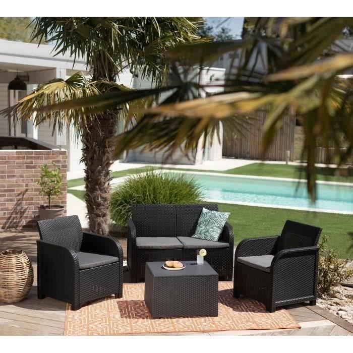 ALLIBERT by KETER - SanRemo Storage furniture for 4 people - coffee table, cushion storage - imitation woven rattan - graphite