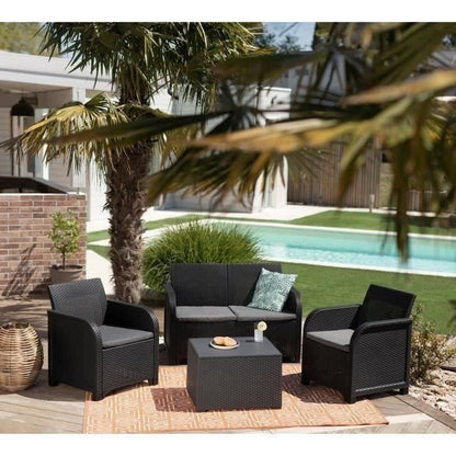 ALLIBERT by KETER - SanRemo Storage furniture for 4 people - coffee table, cushion storage - imitation woven rattan - graphite