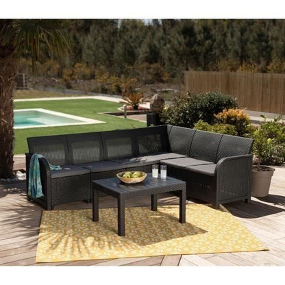 ALLIBERT door KETER - SanRemo 6-seater corner sofa in woven rattan imitation with coffee table - graphite gray