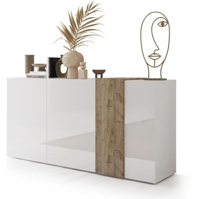 VENEZIA Dressoir met 3 deuren - Glanzend wit gelakt en Cadiz eikenhout - L 181 x D 44 x H 84 cm - Daza-living