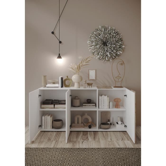 VENEZIA Dressoir met 3 deuren - Glanzend wit gelakt en Cadiz eikenhout - L 181 x D 44 x H 84 cm - Daza-living