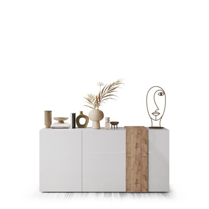 VENEZIA Dressoir met 3 deuren - Glanzend wit gelakt en Cadiz eikenhout - L 181 x D 44 x H 84 cm - Daza-living
