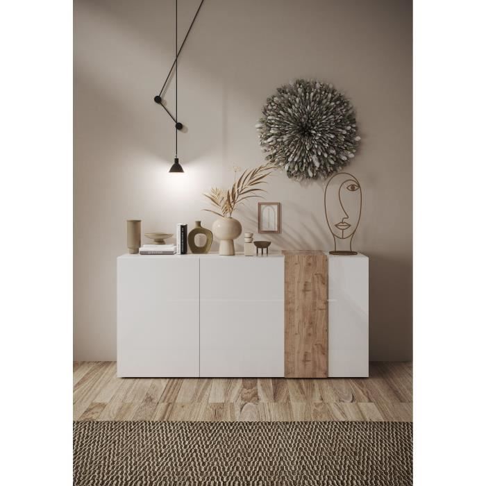 VENEZIA Dressoir met 3 deuren - Glanzend wit gelakt en Cadiz eikenhout - L 181 x D 44 x H 84 cm - Daza-living