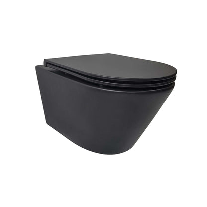 Stereo randloos wandtoilet Wiesbaden in matzwart met Flatline Soft Close en Quick Release toiletbril in matzwart