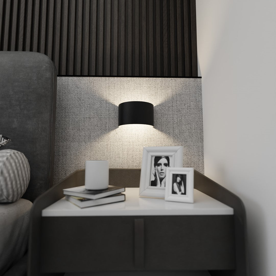 Vouw wandlamp zwart detail slaapkamer boven nachkast