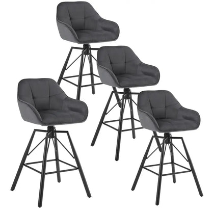 BukkitBow - Hoge Luxe Barkrukken Velvet / Vluweel - Met rugleuning en Armleuning met Patroon en Voetensteun - 360 Graden Draaibaar - Set van 4 Stuks Donker Grijs Donker Grijs Barkruk BukkitBow