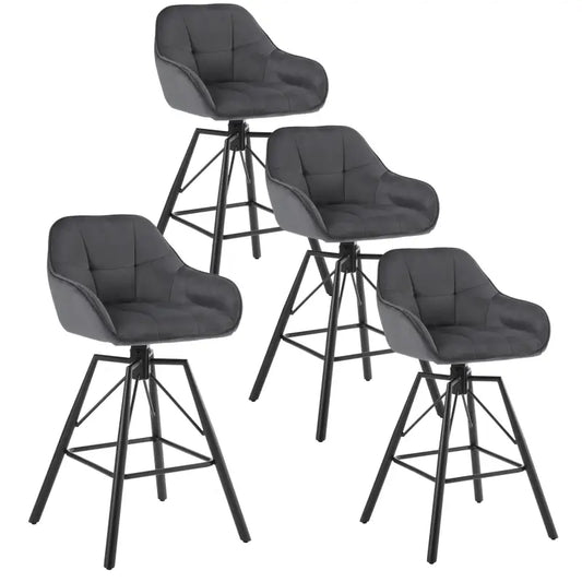 BukkitBow - Hoge Luxe Barkrukken Velvet / Vluweel - Met rugleuning en Armleuning met Patroon en Voetensteun - 360 Graden Draaibaar - Set van 4 Stuks Donker Grijs Donker Grijs Barkruk BukkitBow