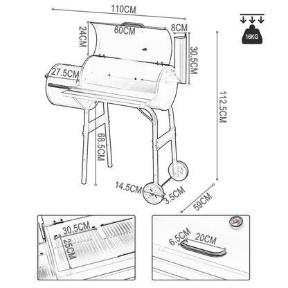 BukkitBow - Houtskoolbarbecue - BBQ van Staal - 3 Grillroosters - 115x53x114 cm - met Uitlaat