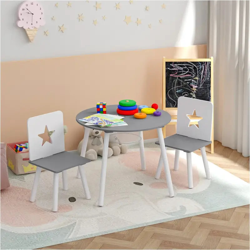BukkitBow – Kinder Tafel en Stoelen Set – Pijnhout Materiaal– Wit met Grijs – 59.5x46 cm - Tafel met Opbergvak