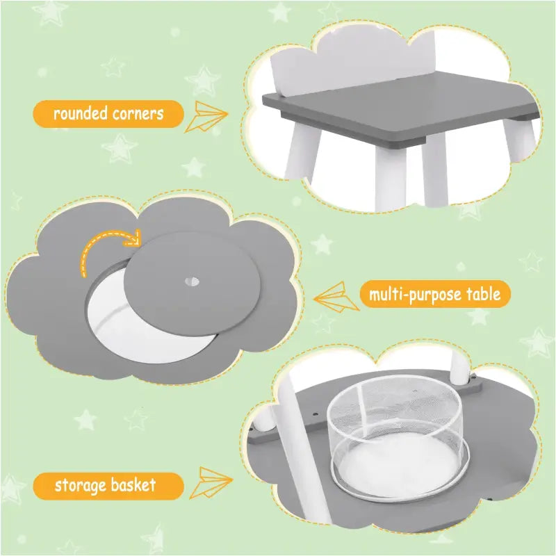 BukkitBow – Kinder Tafel en Stoelen Set – Pijnhout Materiaal– Wit met Grijs – 59.5x46 cm - Tafel met Opbergvak