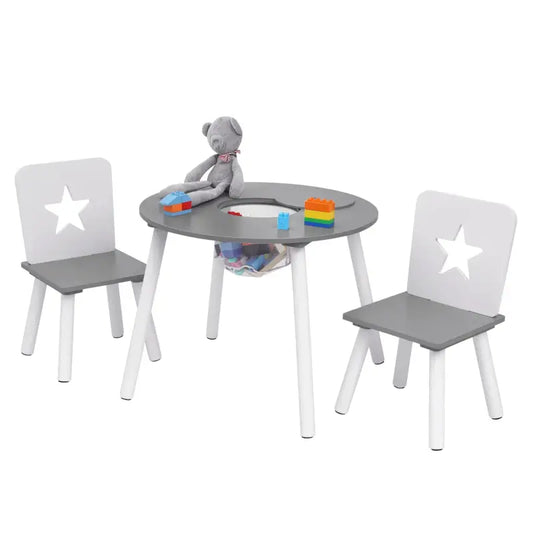 BukkitBow – Kinder Tafel en Stoelen Set – Pijnhout Materiaal– Wit met Grijs – 59.5x46 cm - Tafel met Opbergvak