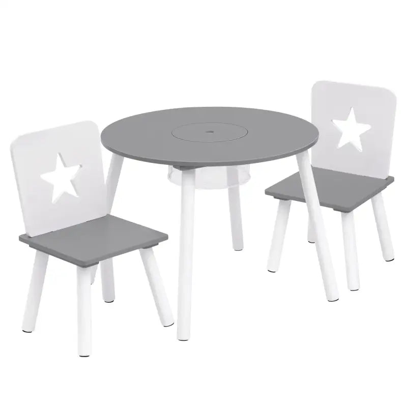 BukkitBow – Kinder Tafel en Stoelen Set – Pijnhout Materiaal– Wit met Grijs – 59.5x46 cm - Tafel met Opbergvak