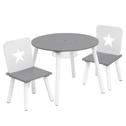 BukkitBow – Kinder Tafel en Stoelen Set – Pijnhout Materiaal– Wit met Grijs – 59.5x46 cm - Tafel met Opbergvak