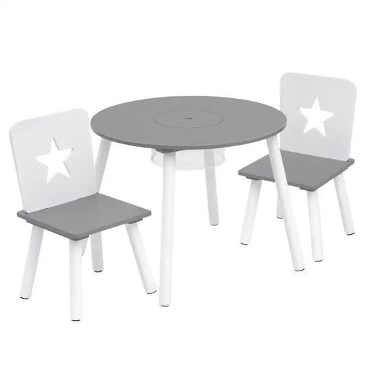 BukkitBow – Kinder Tafel en Stoelen Set – Pijnhout Materiaal– Wit met Grijs – 59.5x46 cm - Tafel met Opbergvak