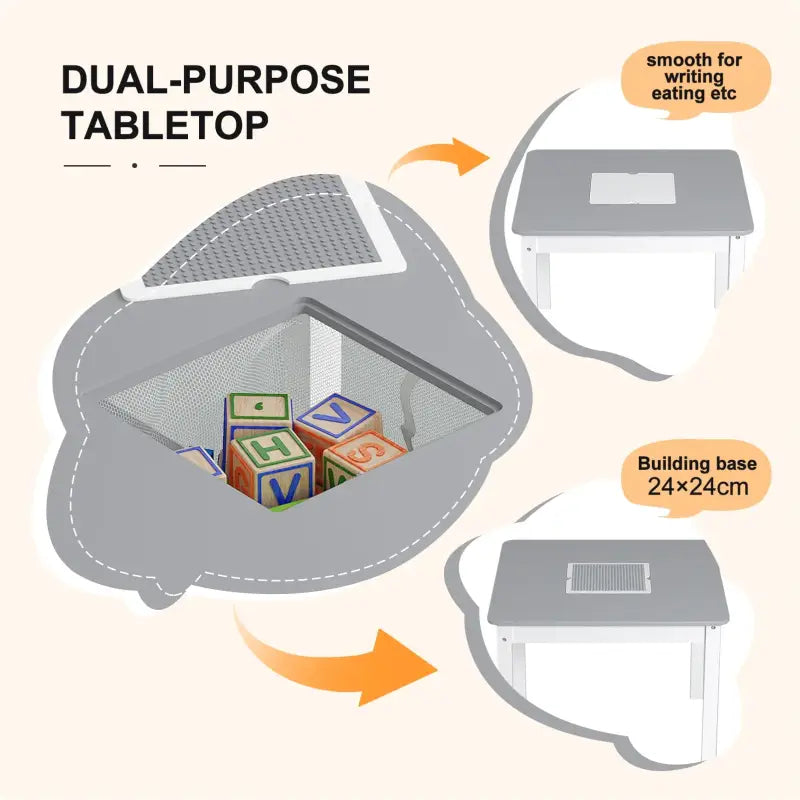 BukkitBow - Kindertafel met Stoelen / Kindermeubelset met Omkeerbare Bouwplaat - Inclusief Opbergruimte - Makkelijk Schoonmaken - Tafel: 60x48x60cm