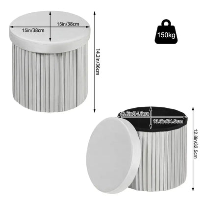 BukkitBow - Ronde Compacte Opbergpoef – Poef / Zitkist met Deskel - Opvouwbare Poef - Voetenbank met Opbergruimte - 38x38x36 CM