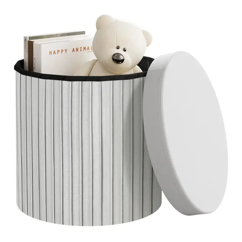 BukkitBow - Ronde Compacte Opbergpoef – Poef / Zitkist met Deskel - Opvouwbare Poef - Voetenbank met Opbergruimte - 38x38x36 CM