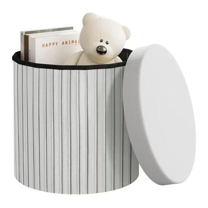 BukkitBow - Ronde Compacte Opbergpoef – Poef / Zitkist met Deskel - Opvouwbare Poef - Voetenbank met Opbergruimte - 38x38x36 CM