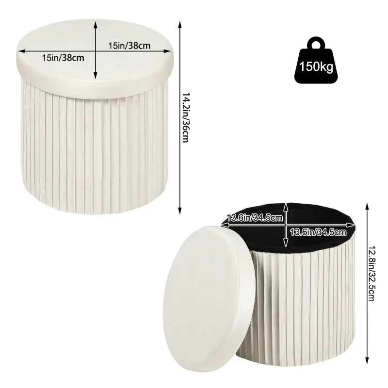 BukkitBow - Ronde Compacte Opbergpoef – Poef / Zitkist met Deskel - Opvouwbare Poef - Voetenbank met Opbergruimte - 38x38x36 CM