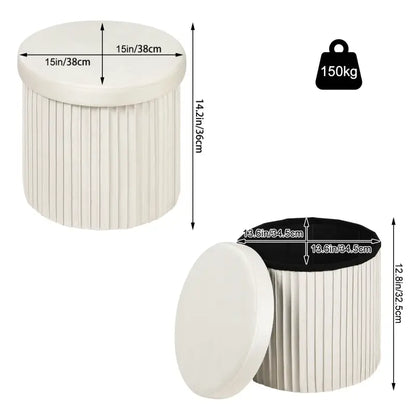 BukkitBow - Ronde Compacte Opbergpoef – Poef / Zitkist met Deskel - Opvouwbare Poef - Voetenbank met Opbergruimte - 38x38x36 CM