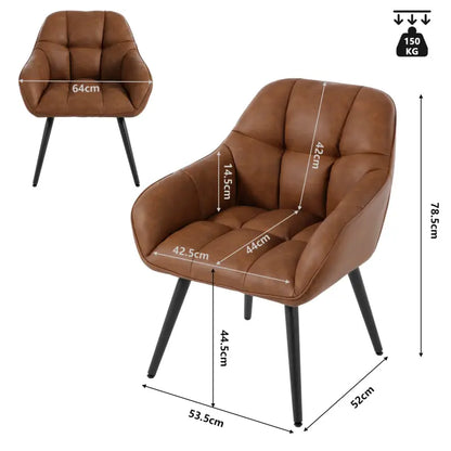 BukkitBow - Vintage Fauteuil/Eetkamerstoel met Armleuningen - Imitatieleer/Metaal/Schuim - Comfortabele Kuipstoel - 150 kg Draagvermogen - Bruin