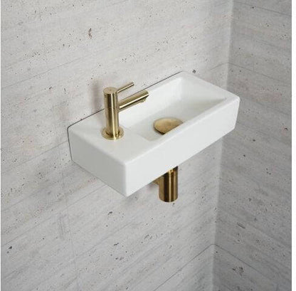 Matwitte Fonteinset Wiesbaden in Messing Goud (Kraangat Links) Wastafels Sanitairluxe